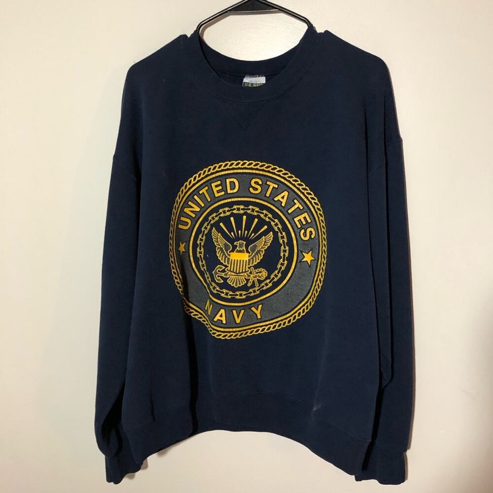 Vintage soffe L USA navy sweatshirt gold seal navy eagle emblem back spell-out